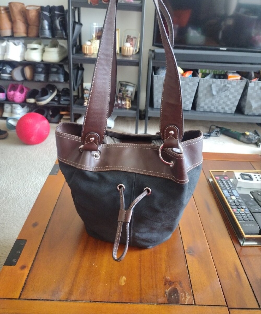 Wilsons Leather Vintage Black Canvas & Brown Leather Bucket Bag - Picture 2 of 13